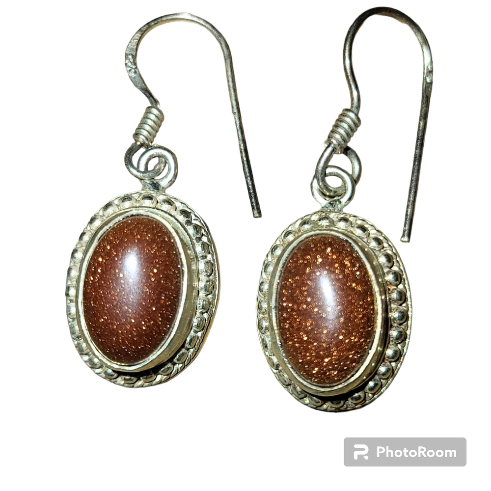 Vintage silver plated and goldstone dangle earrings, earwire clasps